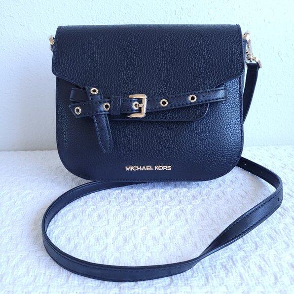 Michael Kors "Emilia" small saddle Leather Crossbody Bag in Black - Picture 1 of 9